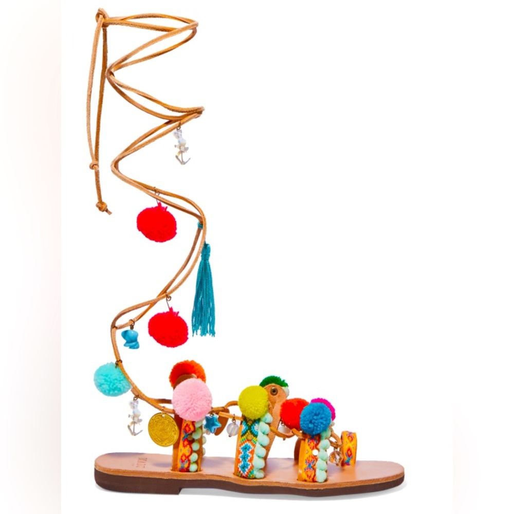 MABU BY MARIA BK Lace up embellished pompons leather sandals Sz 39